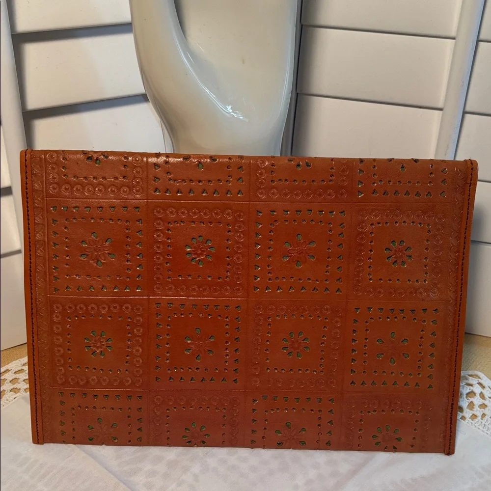 Cognac Leather Clutch w/ Intricate Laser Cut & Embossed Floral New